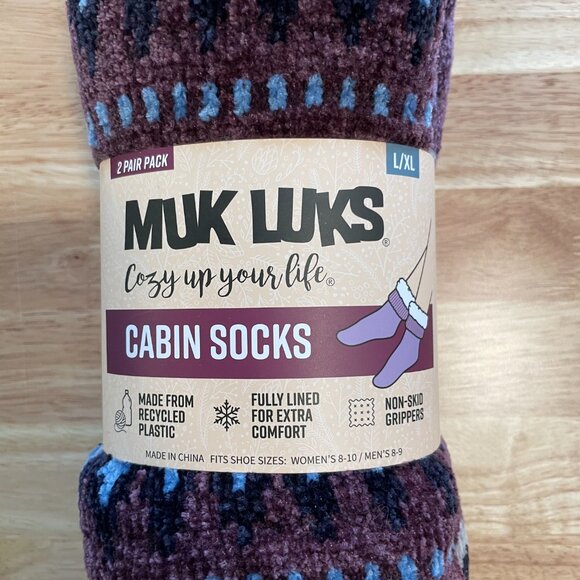 Muk Luks Long Cabin Socks L/XL Fully Lined Non-skip Grippers 2 Pair Pack NWT - Picture 2 of 6